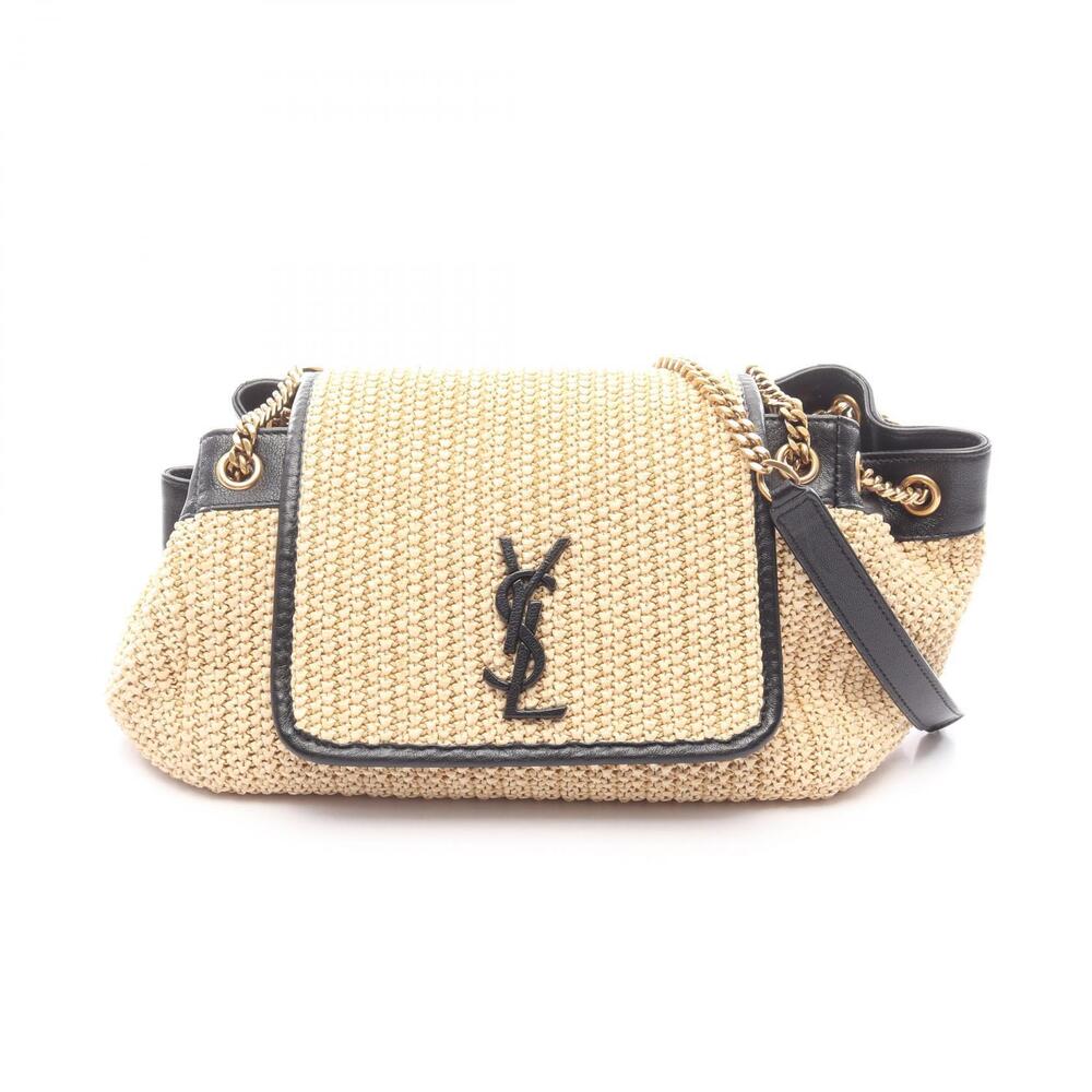 Saint Laurent Paris Nolita Leather Raffia Shoulder Bag Beige Black Tan